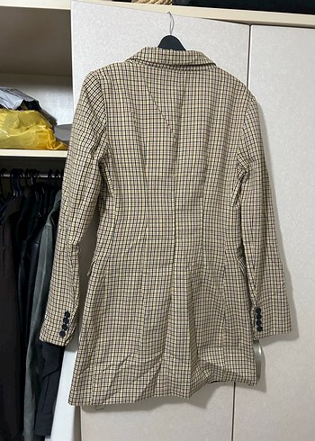 Bershka Kahverengi Ekose Düğmeli Kadın Blazer Ceket Elbise - Görsel 2