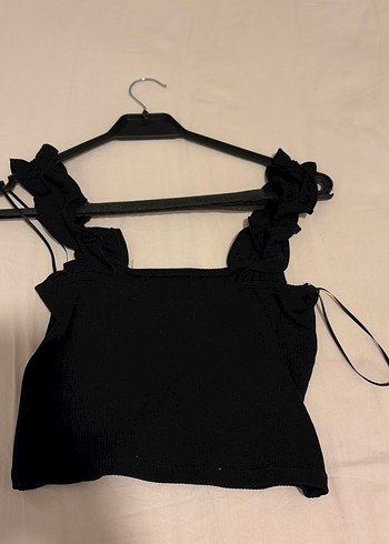 Siyah Fırfırlı Askılı Kadın crop top - Görsel 2