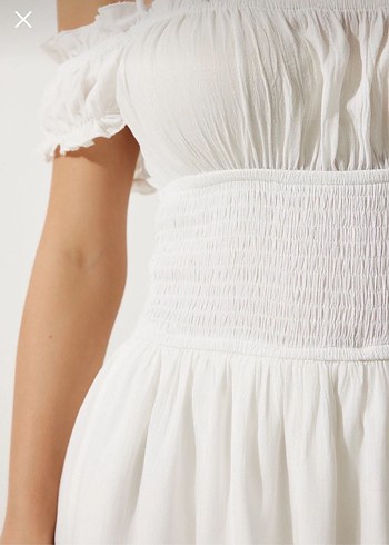 Beyaz Fırfırlı Straplez Keten Bohem Elbise - Görsel 2