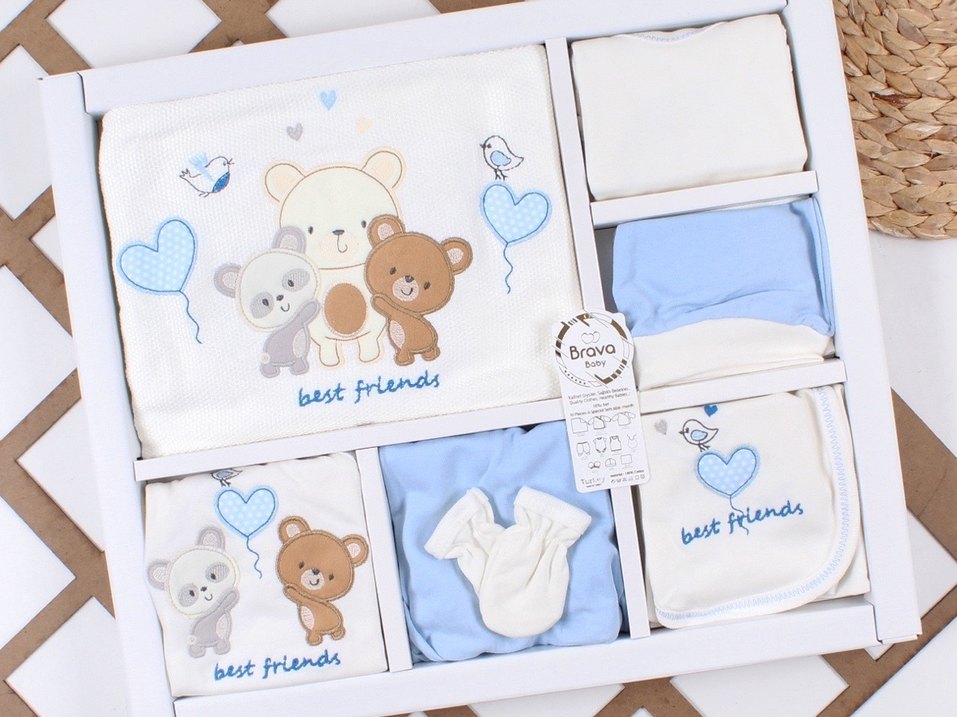 Nakışlı Mavi Pamuk Bebek Uyku Seti - Görsel 4