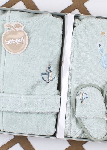 Bebessi Nakışlı Erkek Çocuk Bornoz Seti Beyaz - Görsel 4