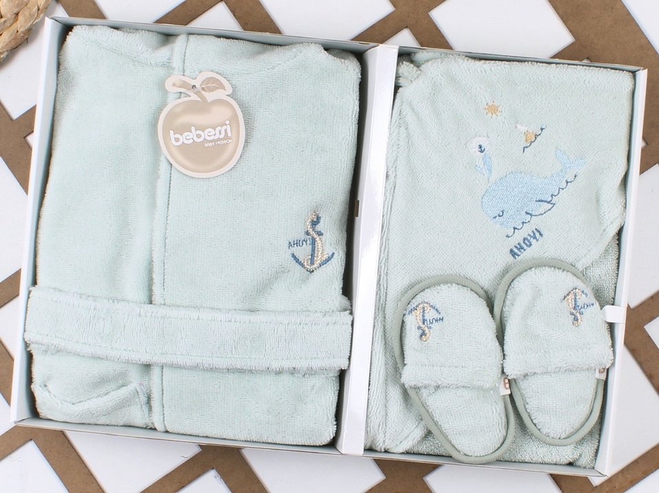 Bebessi Nakışlı Erkek Çocuk Bornoz Seti Beyaz - Görsel 4