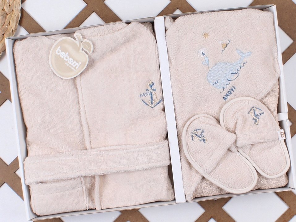 Bebessi Nakışlı Erkek Çocuk Bornoz Seti Beyaz - Görsel 5