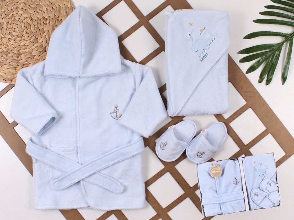 Bebessi Nakışlı Erkek Çocuk Bornoz Seti Beyaz - Görsel 2