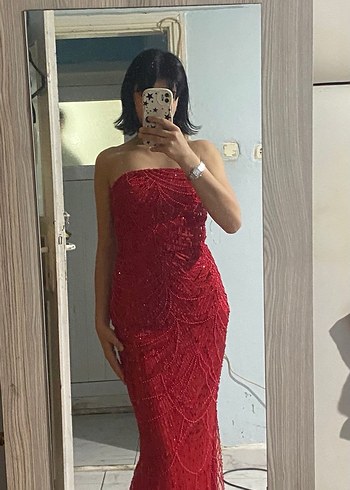 Kırmızı İşlemeli İncili Uzun Abiye Elbise - Görsel 2