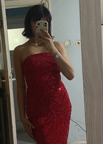 Kırmızı İşlemeli İncili Uzun Abiye Elbise - Görsel 3