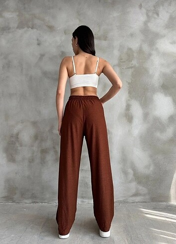 38 Beden kadın kahverengi beli lastikli plazzo pantolon BEJNA