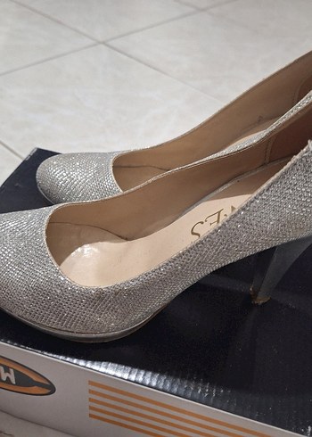 Gri Simli Stiletto Yılan Desenli Kadın Topuklu Ayakkabı - Görsel 3