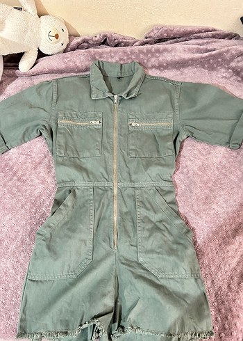 Kadın Haki Denim Kısa Tulum - Görsel 4