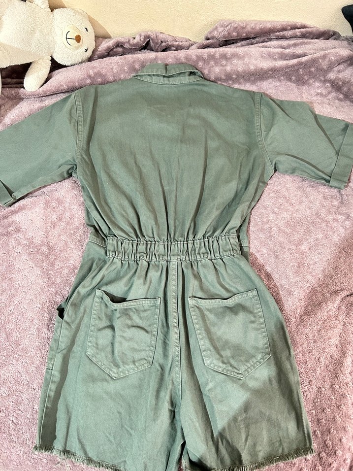 Kadın Haki Denim Kısa Tulum - Görsel 5