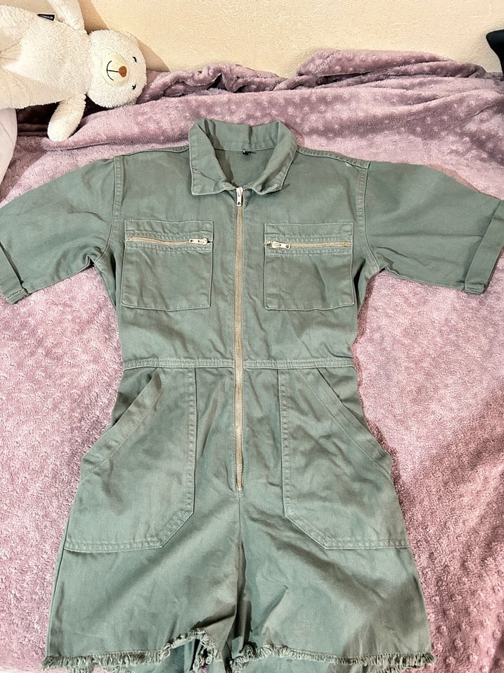 Kadın Haki Denim Kısa Tulum - Görsel 4