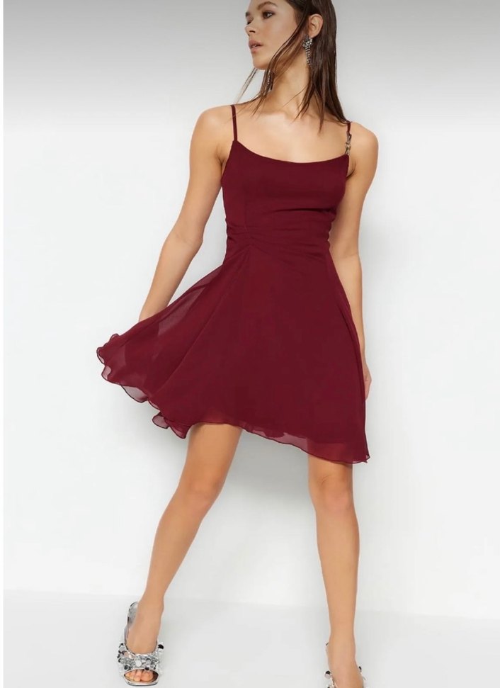 Bordo Drapeli Askılı Midi Elbise - Görsel 2