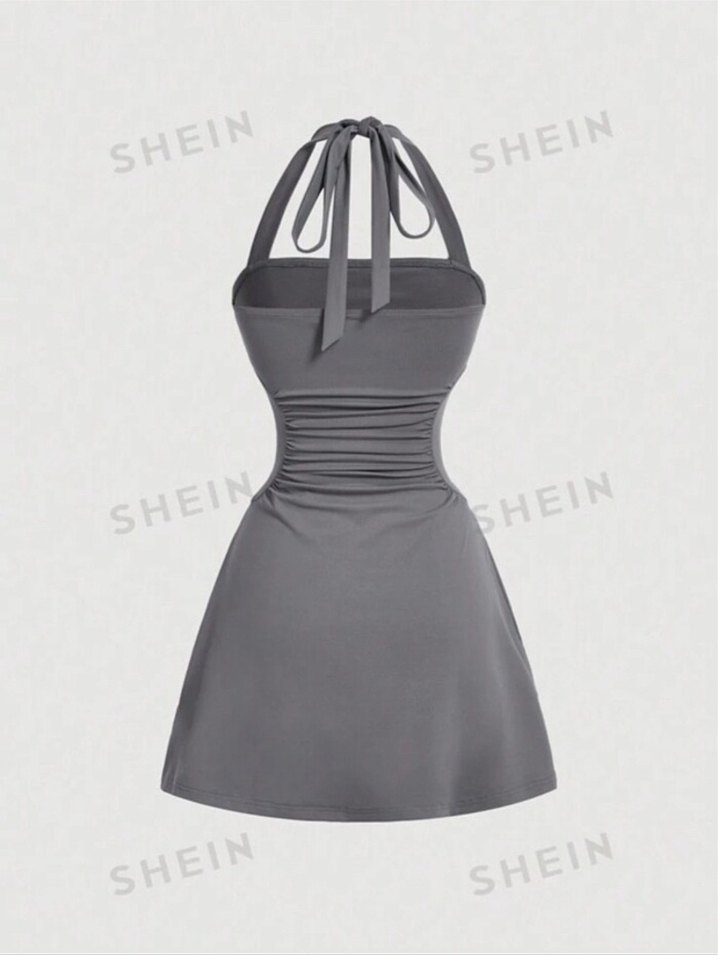 gri straplez midi elbise - Görsel 2