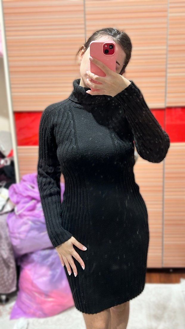 Siyah Fitilli Kadın Boğazlı Kısa Elbise - Görsel 2