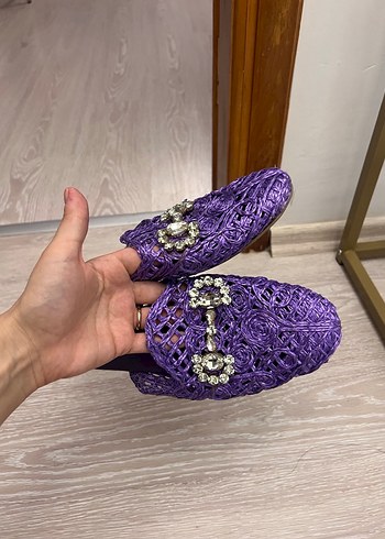 Tergan Mor Nakışlı Dantel Detaylı Bohem Topuklu Terlik