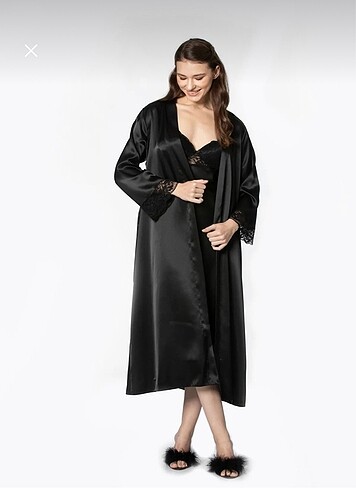 Pierre Cardin Pierre Cardin Saten Dantelli Gecelik Sabahlık Takımı