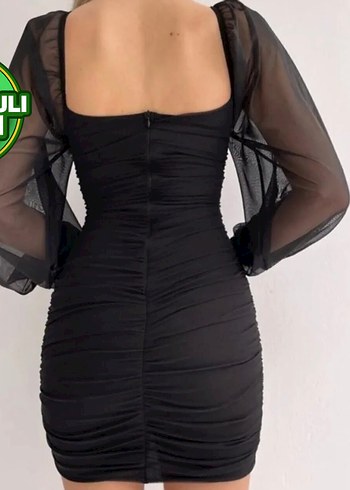 Abiye Uzun Kollu Mini Siyah Drapeli Abiye Elbise