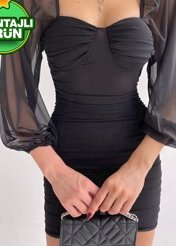 Uzun Kollu Mini Siyah Drapeli Abiye Elbise - Görsel 3