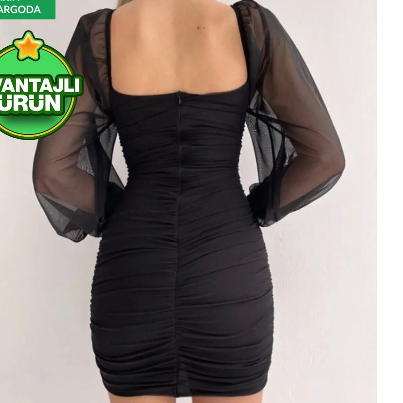 Uzun Kollu Mini Siyah Drapeli Abiye Elbise - Görsel 5