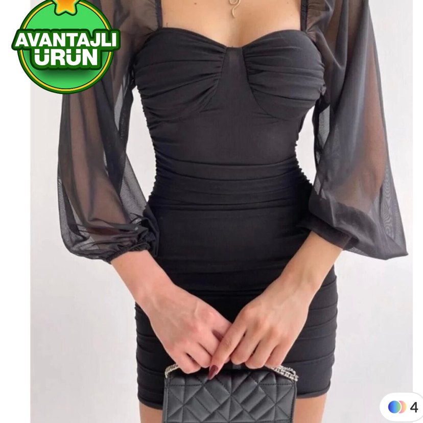 Uzun Kollu Mini Siyah Drapeli Abiye Elbise - Görsel 3