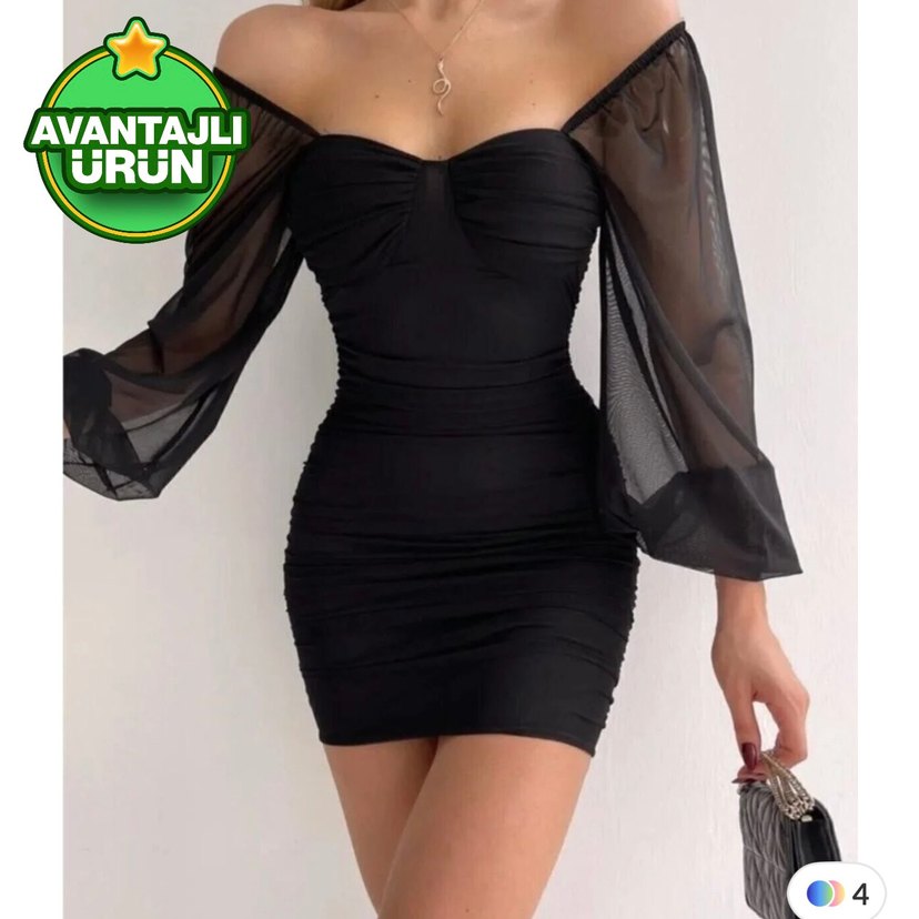 Uzun Kollu Mini Siyah Drapeli Abiye Elbise - Görsel 2