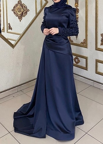 Lacivert Drapeli Uzun Kollu Abiye Elbise - Görsel 2