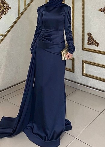 Lacivert Drapeli Uzun Kollu Abiye Elbise - Görsel 3