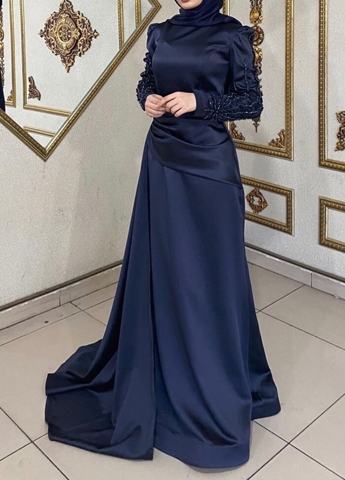 Lacivert Drapeli Uzun Kollu Abiye Elbise - Görsel 2