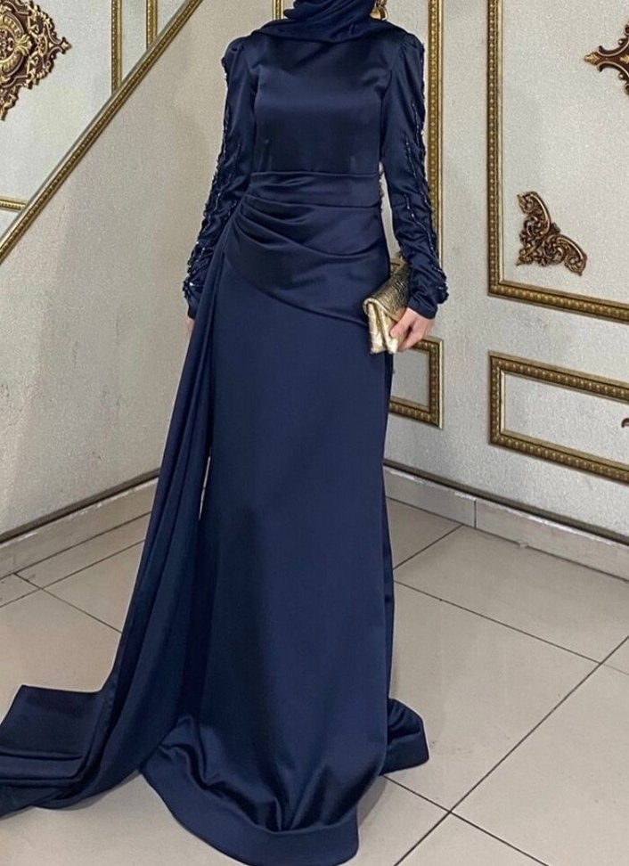 Lacivert Drapeli Uzun Kollu Abiye Elbise - Görsel 3