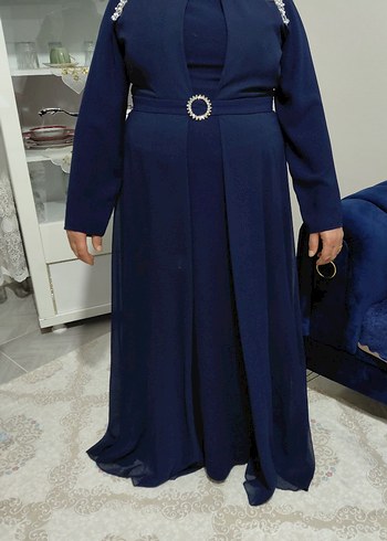 İnci Detaylı lacivert Uzun Abiye Elbise - Görsel 3