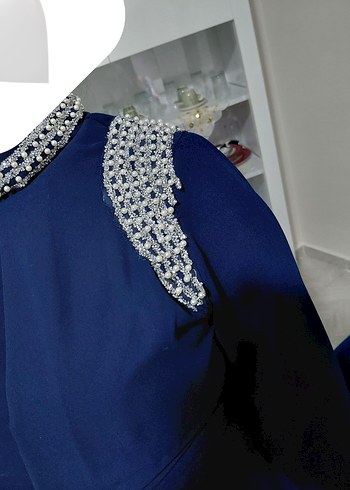 İnci Detaylı lacivert Uzun Abiye Elbise - Görsel 7