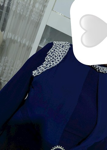 İnci Detaylı lacivert Uzun Abiye Elbise - Görsel 6