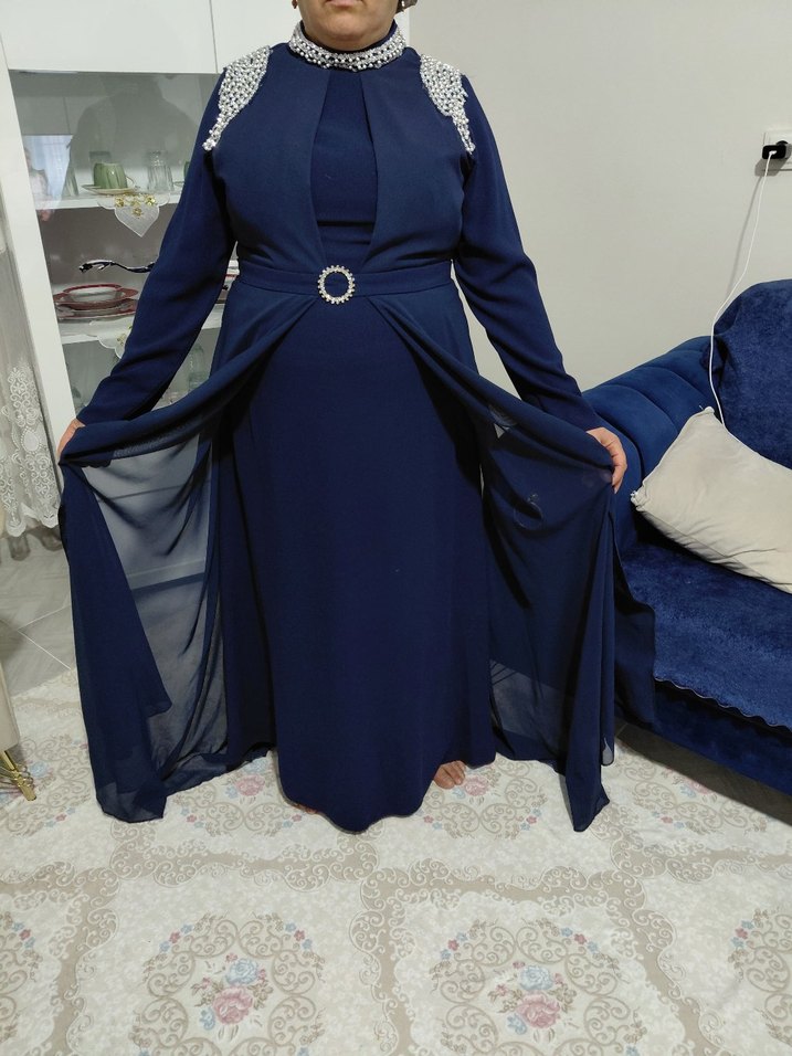 İnci Detaylı lacivert Uzun Abiye Elbise - Görsel 4