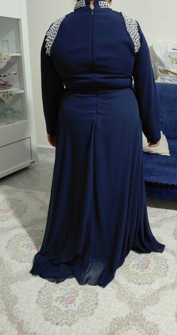 İnci Detaylı lacivert Uzun Abiye Elbise - Görsel 5