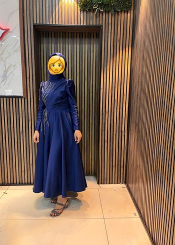 lacivert işlemeli Uzun Abiye Elbise - Görsel 3