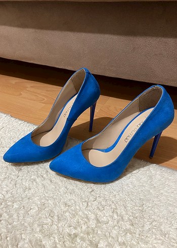 Mavi Süet Stiletto Kadın Topuklu Ayakkabı - Görsel 2