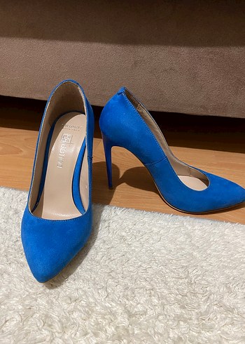 Mavi Süet Stiletto Kadın Topuklu Ayakkabı - Görsel 4