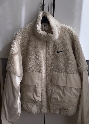 Gri Beyaz nike Peluş Detaylı Rahat Kesim Kadın Ceket