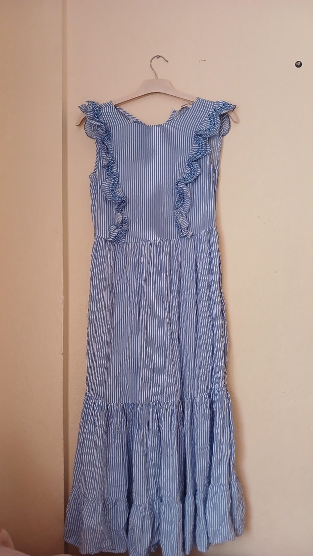 Mavi Çizgili Uzun Keten Elbise - Görsel 2