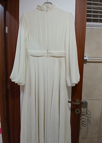 Beyaz Uzun Keten Elbise, Drapeli, Yüksek Yakalı - Görsel 5