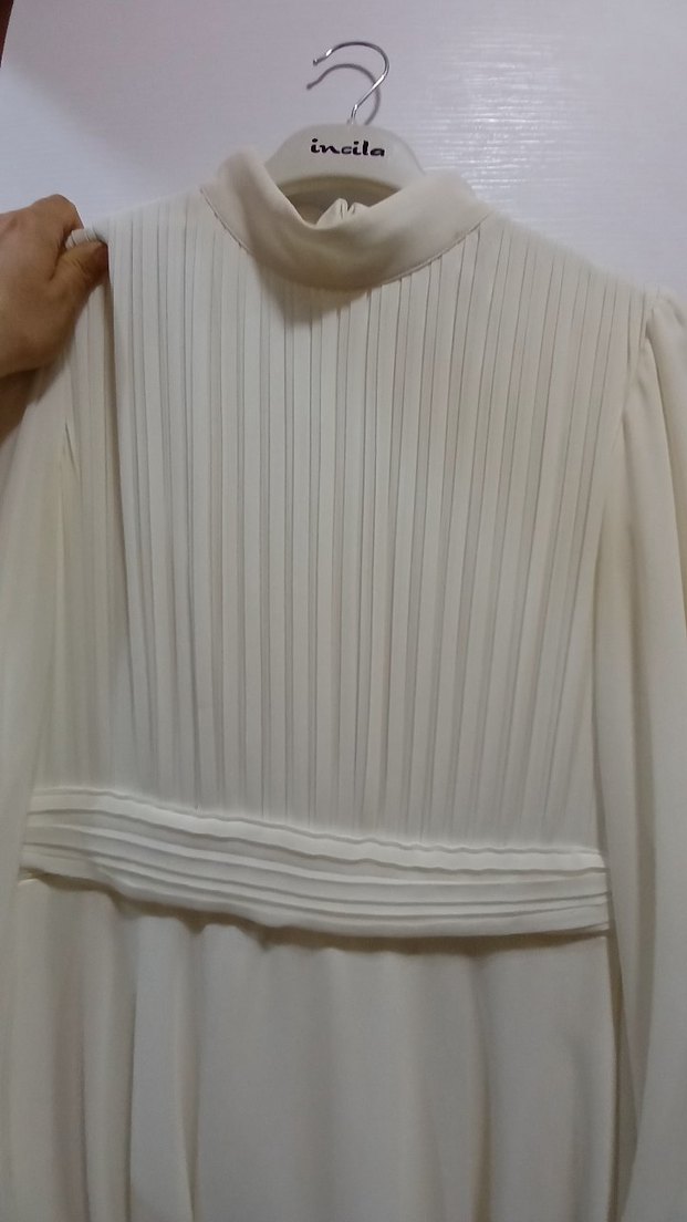 Beyaz Uzun Keten Elbise, Drapeli, Yüksek Yakalı - Görsel 4