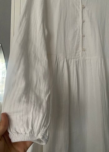 Düğmeli Beyaz Keten müslin kumaş Uzun Elbise - Görsel 4