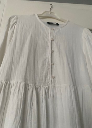 Düğmeli Beyaz Keten müslin kumaş Uzun Elbise - Görsel 2