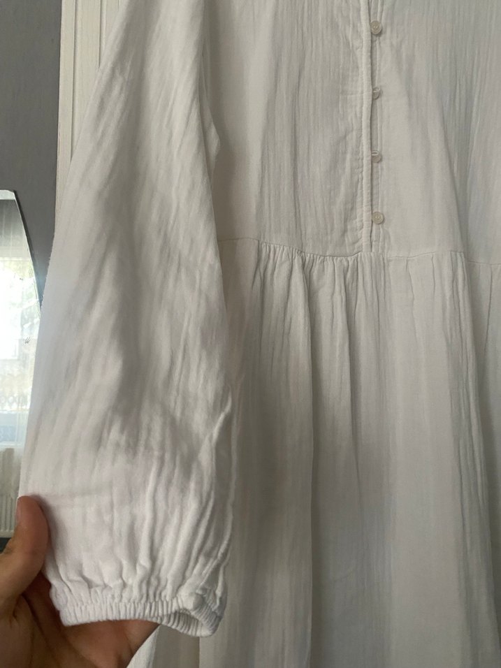 Düğmeli Beyaz Keten müslin kumaş Uzun Elbise - Görsel 4