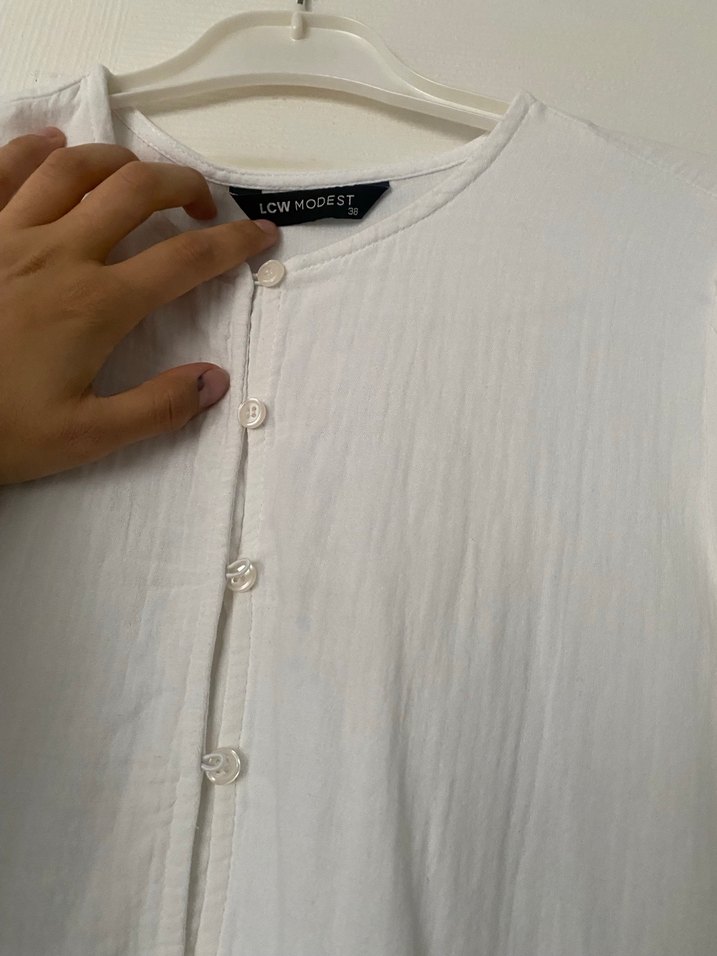 Düğmeli Beyaz Keten müslin kumaş Uzun Elbise - Görsel 3