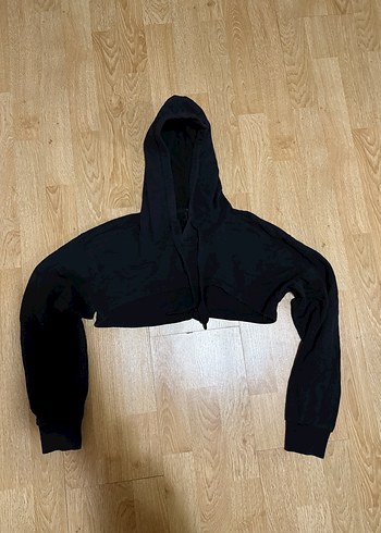 Siyah Kapüşonlu Kadın Yarım Sweatshirt