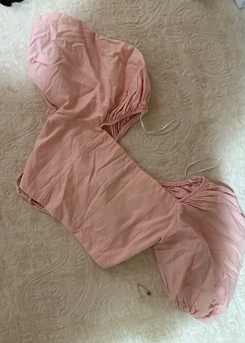 Pembe Keten Drapeli Straplez Midi Bluz