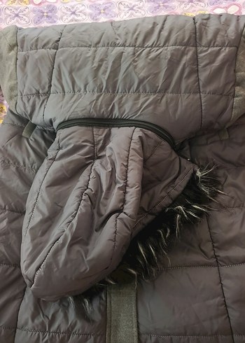 Gri Uzun Kadın Kışlık Mont Kürklü - Görsel 8