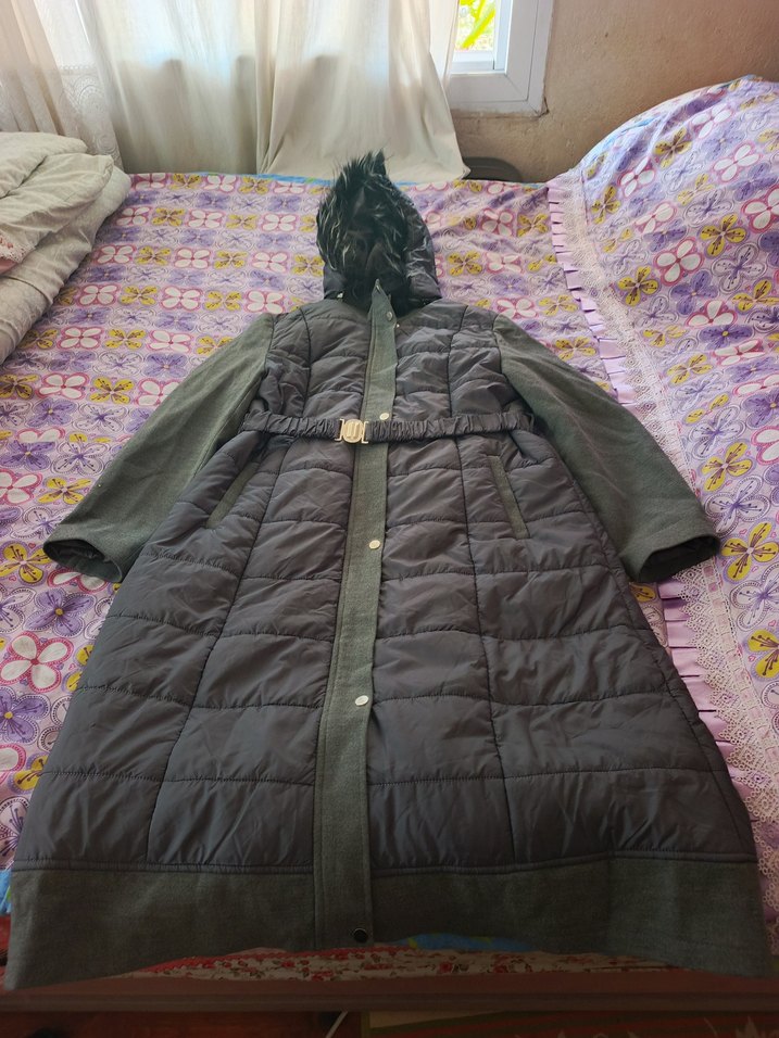 Gri Uzun Kadın Kışlık Mont Kürklü - Görsel 4