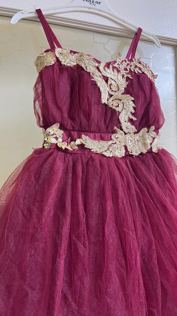 Bordo Dantel İşlemeli Kız Çocuk Elbisesi - Görsel 3